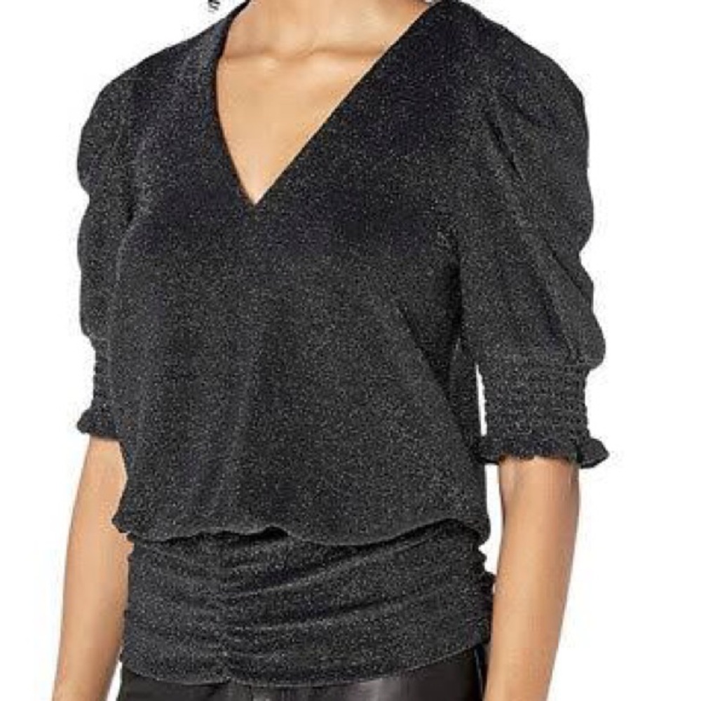 Ramy Brook Women's Metallic Knit Flora Puff Shoulder Top Black and Gold XS